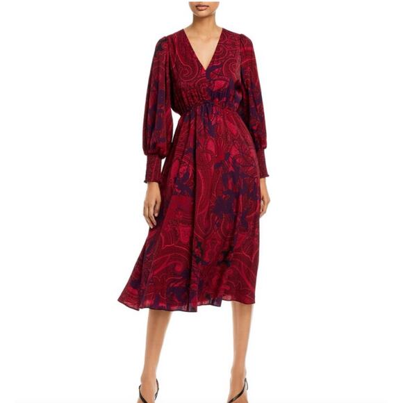 Kobi Halperin Cher Maureen V NeckPrinted Long Sleeves Midi Dress Dark Sz L